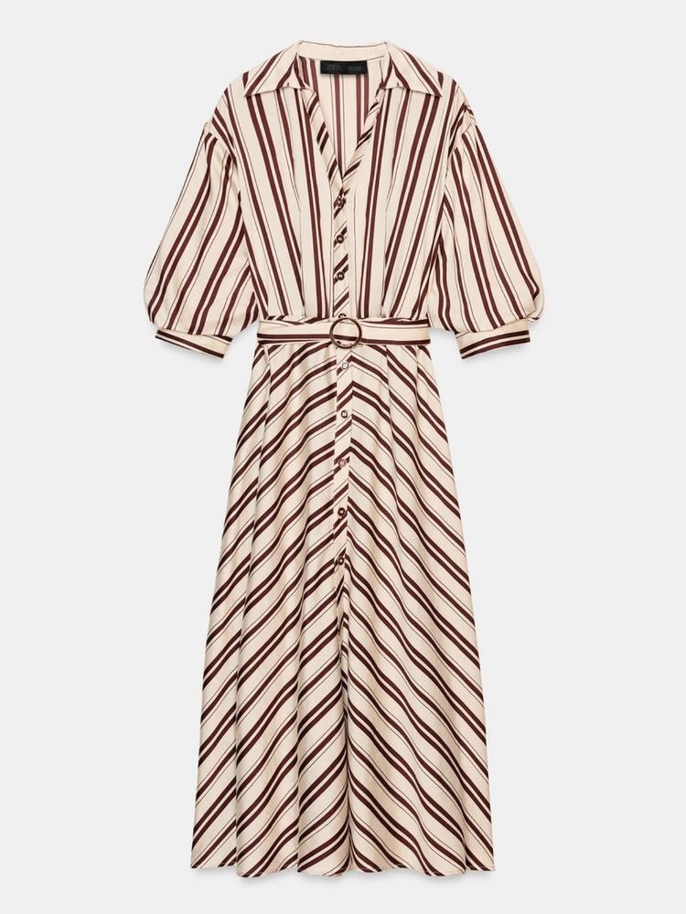 ZARA Striped Belted Midi Shirt Dress Brown Cream Button Front Size M